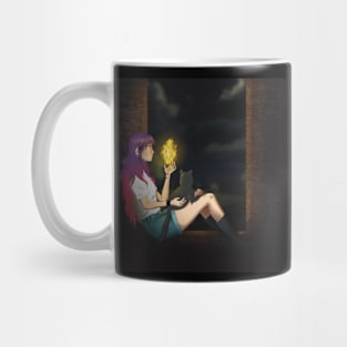 Fire witch with her black cat at night Mug